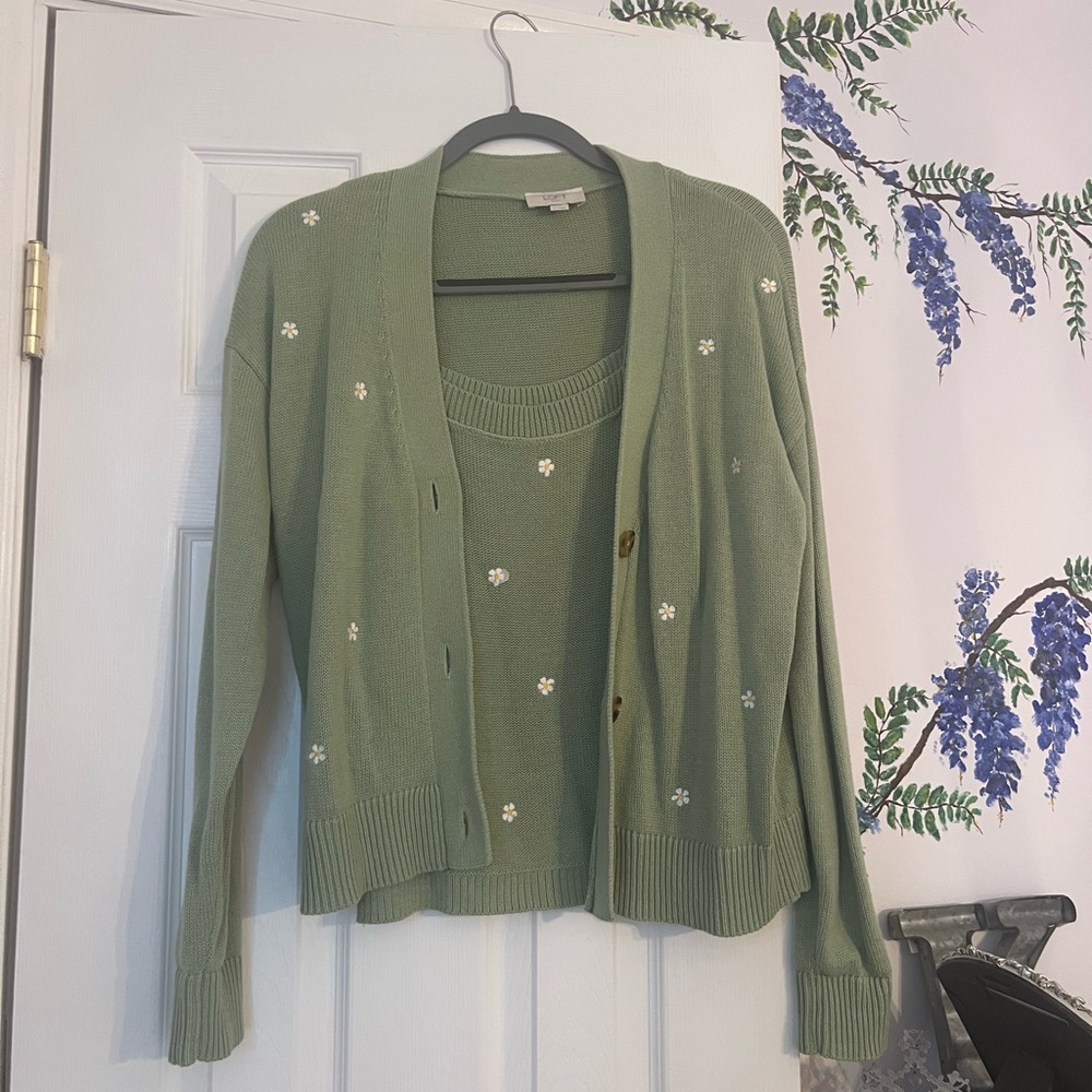 LOFT Olive Floral Knit Tank Top